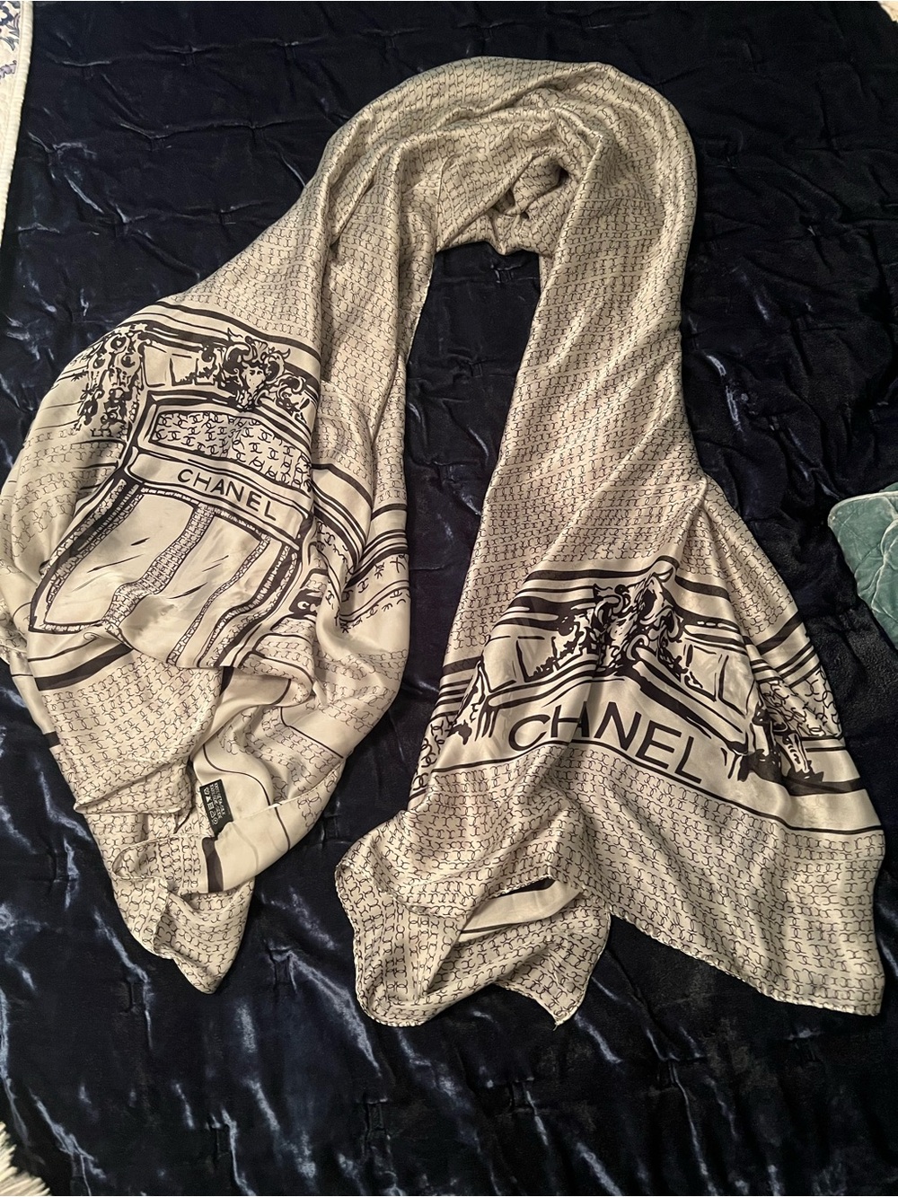 Chanel Logo Silk Scarf in Beige and Black